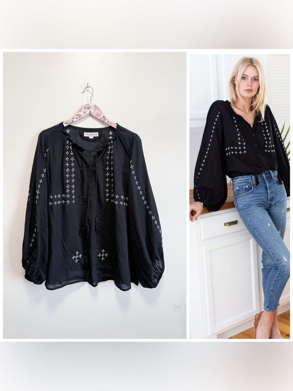 India Collection EMERSON FRY Bardot Black White Embroidered Blouse Top S Small